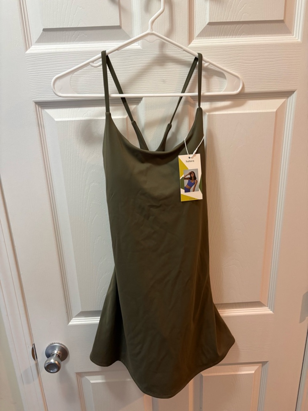 Halara Olive Green Strappy Women's Tank Dress with built in shorts